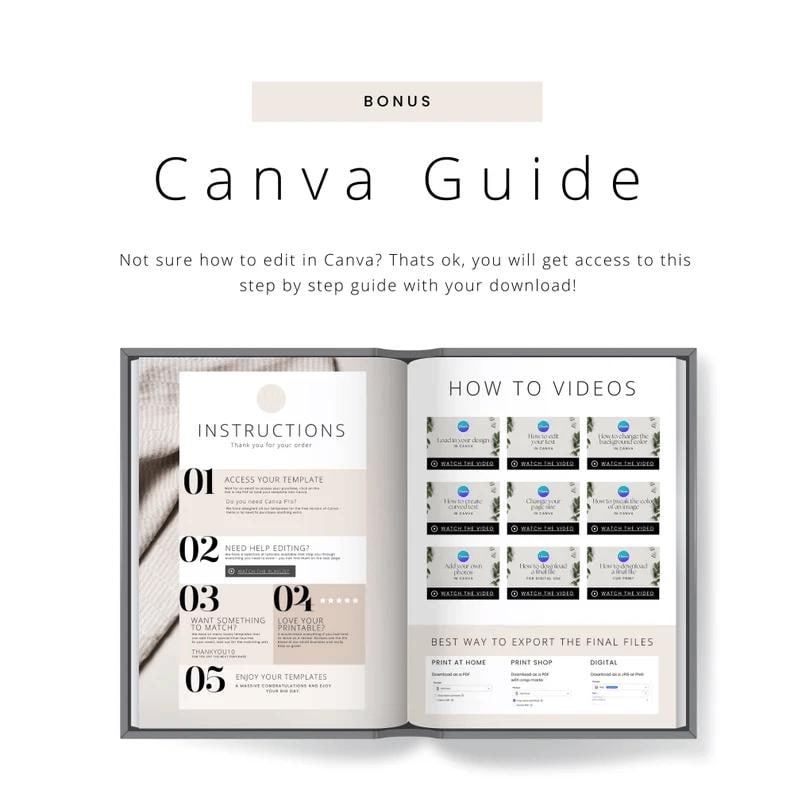 May include: An open book titled "Canva Guide" with "BONUS" above. The guide provides instructions, video tutorials, and export options. The pages are beige with grey text and graphics.