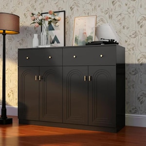 Black Shoe Storage Cabinet with 4 Doors, 5 Shelves & 2 Drawers, Modern Wooden Entryway Shoe Organizer for Hallway
