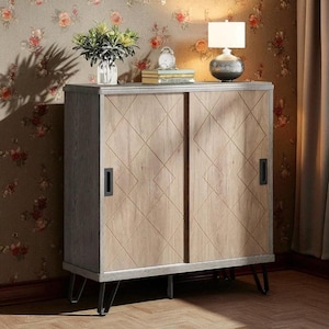 Shoe Cabinet with Sliding Doors, 5-Tier Wooden Shoe Organizer with Adjustable Shelves, Entryway Shoe Storage Rack