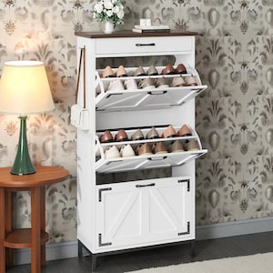 Slim Hidden Shoe Cabinet for Entryway, 3 Flip Drawers Shoe Storage, Narrow Hallway Farmhouse Organizer Furniture