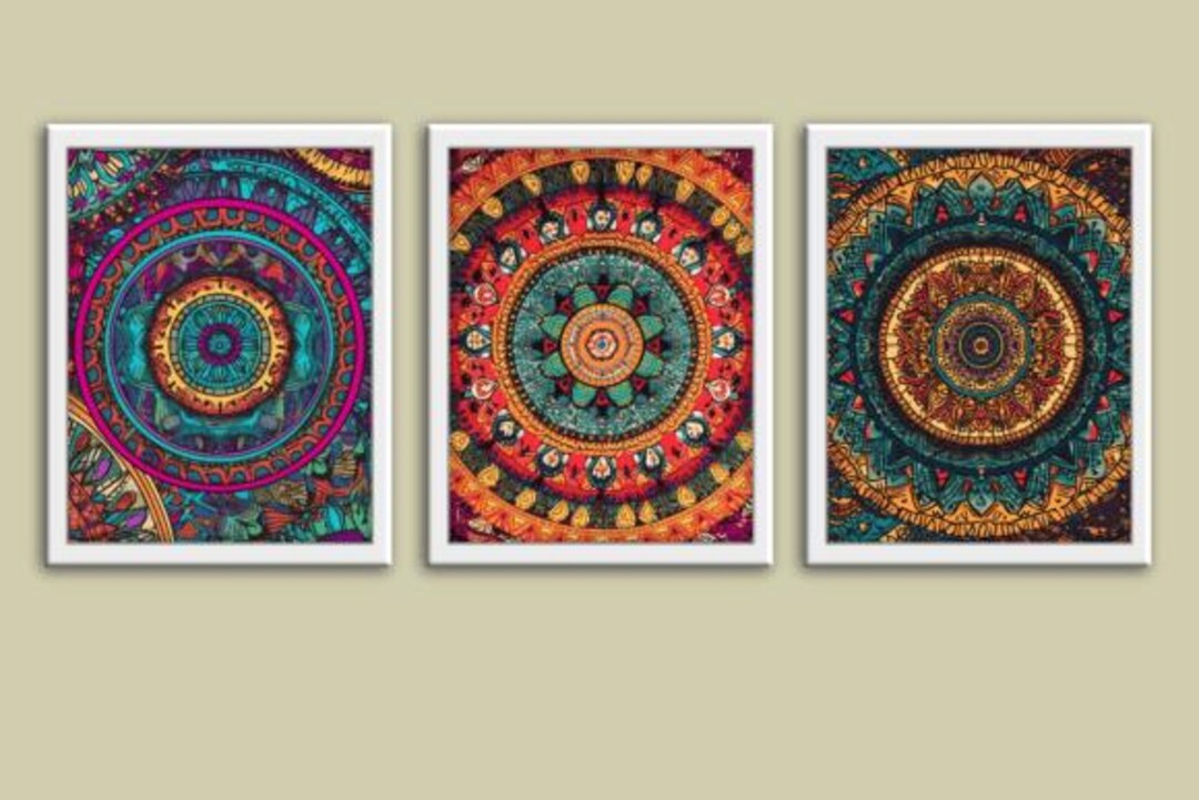 Boho Mandala Wall Art Set of 3 | Colorful Abstract Geometric Prints ...