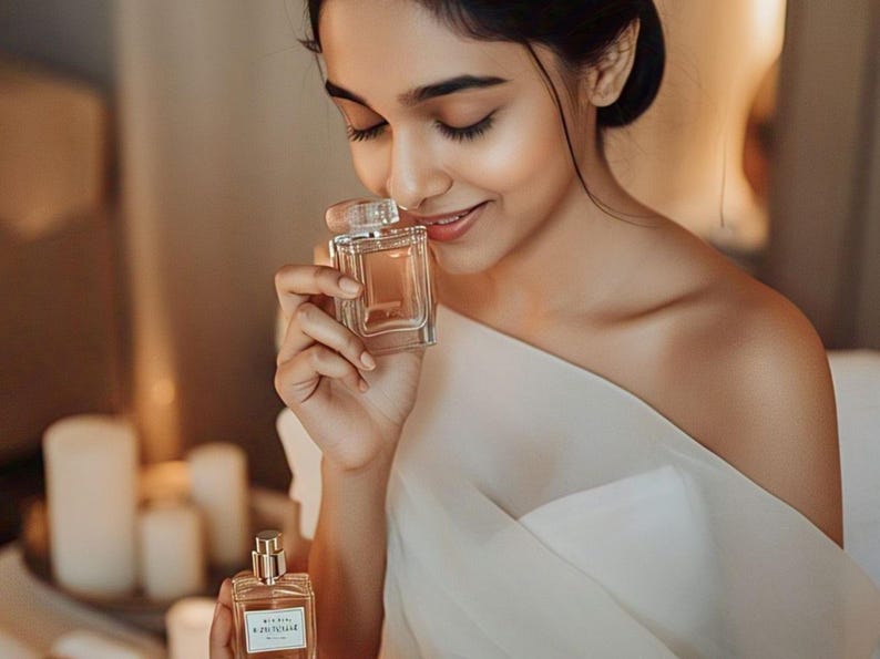 May include: A woman holding a clear perfume bottle with a rectangular shape and a clear cap. The bottle is held up to her nose. Another perfume bottle is visible in the foreground. The woman is wearing a white dress.