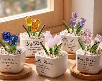 Gebrandschilderd glas tulp bloemen aangepaste pot, bedankt voor het helpen groeien, leraar waardering cadeau, cadeau collega, nieuwe baan werk collega
