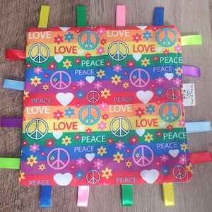 Peace and Love Baby Taggy Blanket- Comforter with Silky Ribbons- Handmade Sensory Security Blanket- Baby Shower Gift