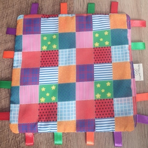 Patchwork Taggy Blanket: Soft Sensory Toy with Ribbons Comforter