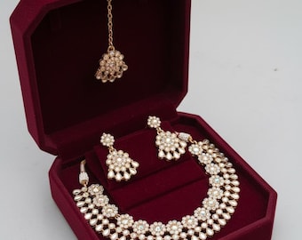 Buy Iridescent Bridal Choker Set - Faux Wedding Necklace, Earrings, Maang Tikka - Indian/Pakistani jewelry