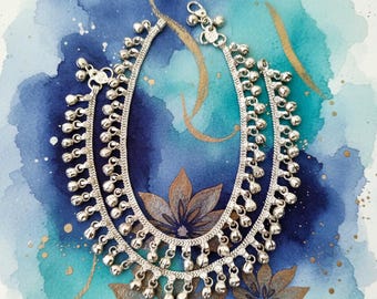 May include: A pair of silver-toned anklets featuring a flat, woven chain design adorned with numerous small, dangling spherical bells. Each anklet includes a secure lobster claw clasp and a small circular charm attached near the closure mechanism.