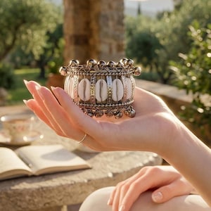Bracciale rigido boho fatto a mano con conchiglie, bracciale tribale con cipree, bracciale rigido largo con campanellini in argento, regalo boho per festival per donne