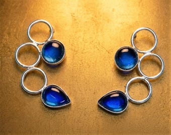 Handmade Multi Quartz Earrings / Sapphire Gold Plated Tanzanite Drop Dangles/ Round Gemstone Design
