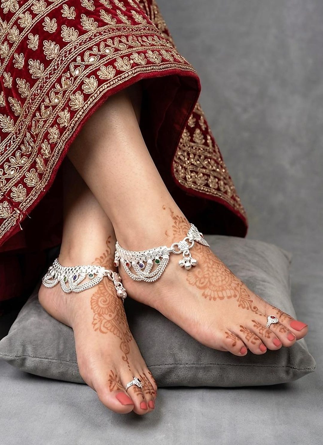 Belled Chain Anklet • Silver Tone Colorful Stones Ethnic Foot Jewelry ...