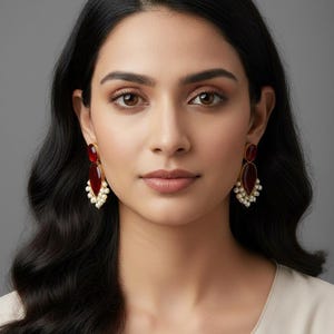 Natural Ruby and Pearl Drops in Matte Gold - Statement Earrings"