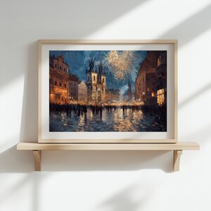 Vintage Cityscape Fireworks Printable Wall Art, Festive Cathedral Scene, Moody Antique Style Digital Download, Romantic Decor H402