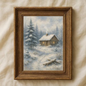 Winter Cabin Print Snowy Cottage in Forest Rustic Christmas Decor Digital Download