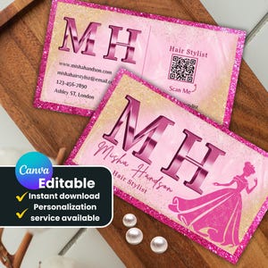 Pink Glam Business Card Canva Template: Editable QR Code (Instant Download