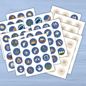 May include: Set of printable stickers featuring illustrations of the seven days of creation from the Bible. Each sticker has a blue background with a white circle and a colourful illustration. The stickers are labelled with the day of creation and the corresponding Bible verse.
