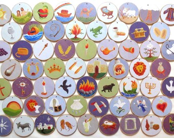 Advent 72 piece Jesse Tree Ornaments - Multi-colored - READY TO SHIP - Christian Advent Calendar leading to Christmas