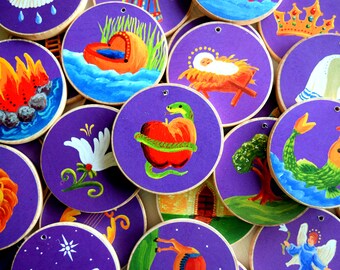 Jesse Tree Ornaments - Purple 28 day, Sticker Backs included  - READY TO SHIP - Christian Advent Calendar leading to Christmas