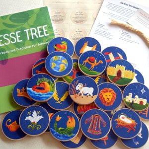 Advent Jesse Tree Book 6x9 & Blue Ornaments- Storybook Set -with STICKER BACKS- Ready to Ship - Christian Advent Calendar