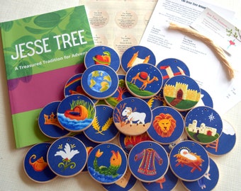 Advent Jesse Tree Book 6x9 & Blue Ornaments- Storybook Set -with STICKER BACKS- Ready to Ship - Christian Advent Calendar