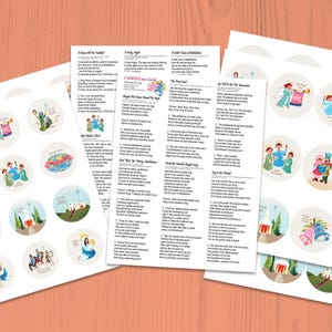 Puede incluir: Un conjunto de pegatinas circulares imprimibles de villancicos navideños con ilustraciones. Las pegatinas presentan imágenes de ángeles, estrellas, campanas y otros símbolos navideños. El texto en las pegatinas incluye los títulos de villancicos navideños populares, como "O Come All Ye Faithful" y "Silent Night".
