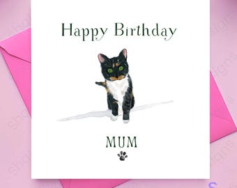 Personalised ‘Tortie Twinkletoes’ Cat Birthday Card with free matching Gift Tag, cute card for her, Mum, Sister, lovely friend or cat lover