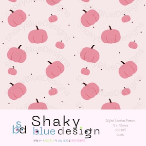Peut inclure: Un motif numérique sans couture avec des citrouilles roses et des tiges marron foncé dispersées sur un fond rose clair. De petits points noirs sont parsemés parmi les citrouilles. Le design comprend le texte "Shaky Blue Design".