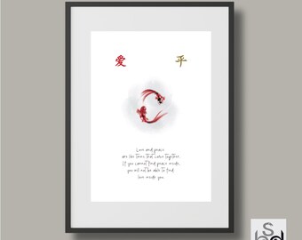 Chinese Proverb Wall Art ‘Love and Peace’ Goldfish Watercolour Minimalist Print, Zen Spiritual Art, Meditation Quote, Mindfulness Gift
