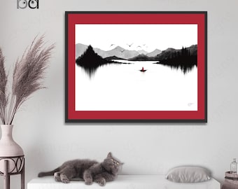 Chinese Wall Art (Digital Download PNG) ‘Contemplation’ Watercolour Print, birds, mountain, lakes, serene scene, relaxation, zen art