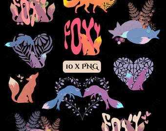 Whimsical Therian Fox Digital Stickers for Fall Scrapbooking, October Planner Sticker Set, Therian Fox Clipart, Romantic Journaling PNG
