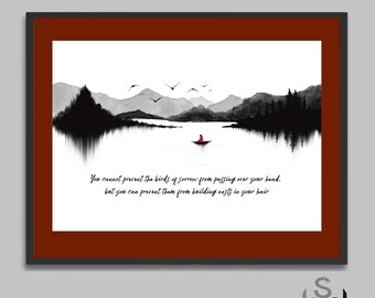 Chinese Proverb Wall Art (Digital Download PNG) Watercolour Print, birds, mountain, lakes, serene scene relaxation, uplifting quote, zen