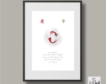 Chinese Proverb Wall Art (Digital Download PNG) ‘Love and Peace’ Goldfish Watercolour Minimalist Print, Zen Spiritual Art, Meditation Quote