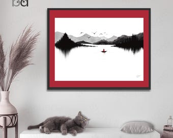 Chinese Wall Art Watercolour Print ‘Contemplation’, birds, mountain, lakes, serene scene relaxation, calming, water, landscape, zen