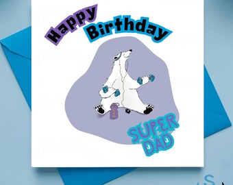 Happy Birthday Super Dad Birthday Card: Bear Weightlifting - Gift for Fit Daddy, Personalised with matching Gift Tag