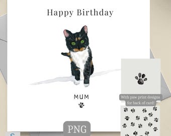 Printable Birthday Card for Mum with Cat, Original Watercolour Illustration, Cat Mum Birthday Card PNG, Digital Download