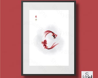 Chinese Wall Art (Digital Download PNG) ‘Love and Peace’ Goldfish Watercolour Minimalist Print, Zen Spiritual Art, Meditation