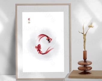 Chinese Wall Art ‘Love and Peace’ Goldfish Watercolour Minimalist Print, Zen Spiritual Art, Meditation, Mindfulness Gift