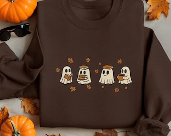 Sudadera bordada con fantasmas leyendo: acogedora sudadera de cuello redondo para amantes de los libros otoñales
