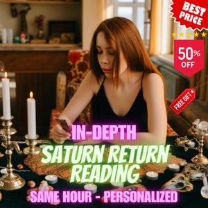 Pode incluir: Uma pessoa com um top preto segura uma carta, com o texto "IN-DEPTH SATURN RETURN READING SAME HOUR - PERSONALIZED". A imagem inclui velas, uma caveira e banners promocionais com "BEST PRICE", "50% OFF" e "FREE GIFT".