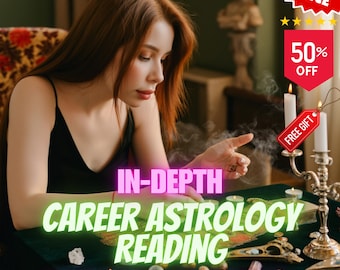 May include: A person with long red hair is reading tarot cards at a table with a green cloth. The image includes text that reads "IN-DEPTH CAREER ASTROLOGY READING" and "SAME HOUR - PERSONALIZED". There is a "50% OFF" promotion.