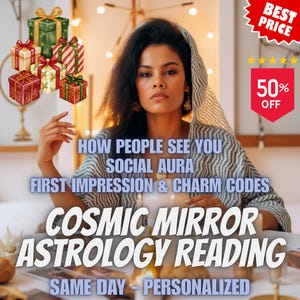May include: An advertisement for a personalized astrology reading. The image features a woman with dark hair and a patterned shawl. Text includes "Cosmic Mirror Astrology Reading" and "How People See You". There is a "Best Price" and "50% Off" banner.