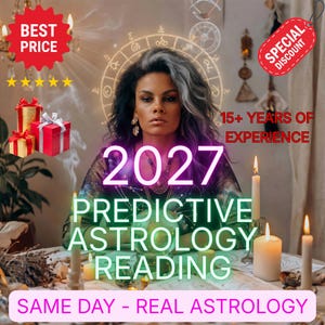 Puede incluir: Un anuncio digital para una lectura de astrología predictiva 2027 con una persona de cabello oscuro, un fondo de zodiaco brillante, velas encendidas y texto que incluye Best Price, Special Discount y 15+ Years of Experience.