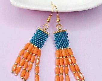 Autumn Beaded Earrings, Orange Fringe Earrings, Handmade Small Dangle Earrings, Festive Fall Jewelry, Artisan Gift for Her