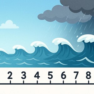 May include: Illustration of a wave intensity scale from 0 to 10. The image depicts waves of increasing size, with a stormy scene at the high end of the scale, including rain and a lightning bolt. The scale is marked with numbers.