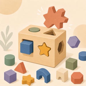 Pode incluir: Brinquedo de classificação de formas de madeira com uma caixa em forma de cubo e várias formas geométricas coloridas. As formas incluem uma estrela, um círculo, um triângulo e um hexágono. A forma de estrela é levantada acima da caixa.