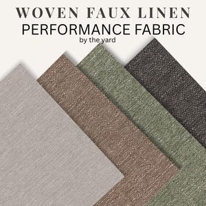 May include: Samples of woven faux linen performance fabric in various colors, including light gray, brown, olive green, and dark gray. The fabric is displayed in overlapping diagonal layers, with the product name and description at the top.