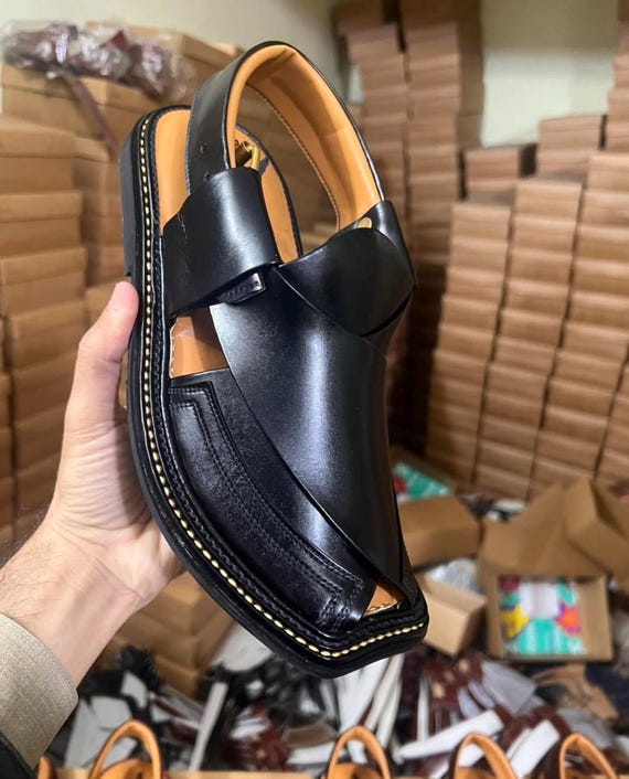 Black Leather Sandals, Men\'s Black Peshawari Chappal, Traditional Handcrafted Peshawari Handmade Leather Charsaddah Chappal Black Mens  main image 4