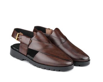 Handmade Peshawari Chappal, leather sandals for men, traditional flat sole