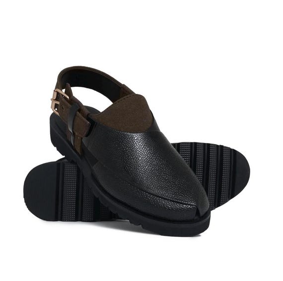 Handmade Black Leather Peshawari Sandals: Men\'s Traditional Chappal Mens leather handmade traditional sandal Black peshawari  main image 2