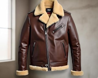 Handmade Leather Biker Jacket with Shearling Collar