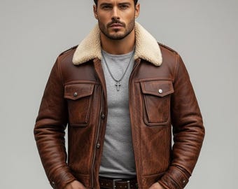 Handmade Leather Biker Jacket with Shearling Collar